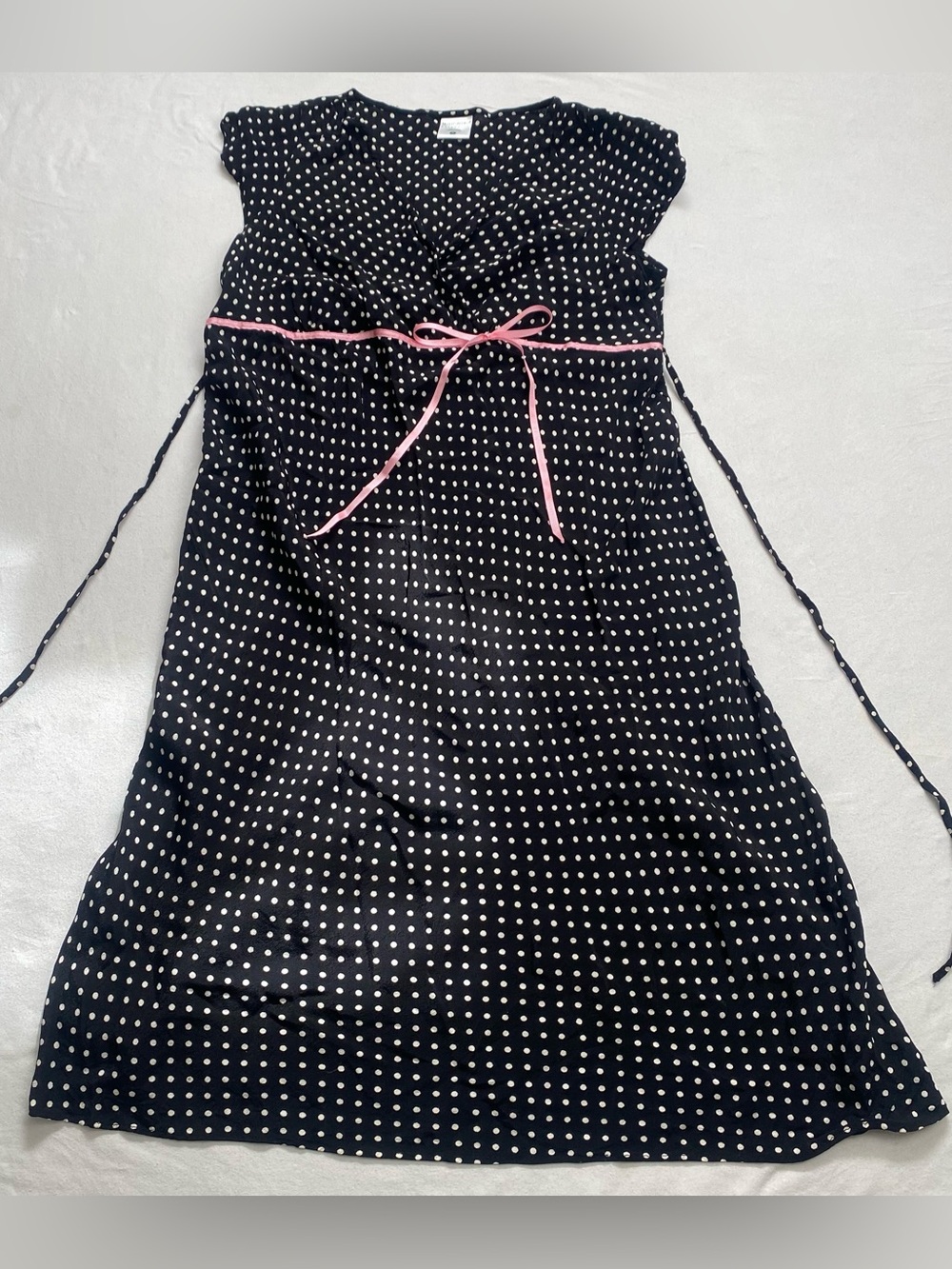 Motherhood Navy Polka Dot Dress with Pink Waist Tie